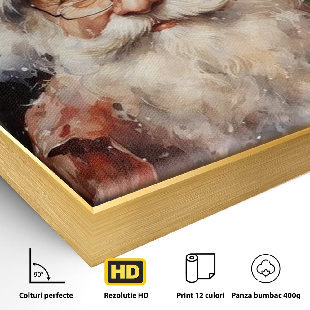 Detaliu al suprafetei: tablou canvas cu mos craciun, in rama de aluminiu auriu